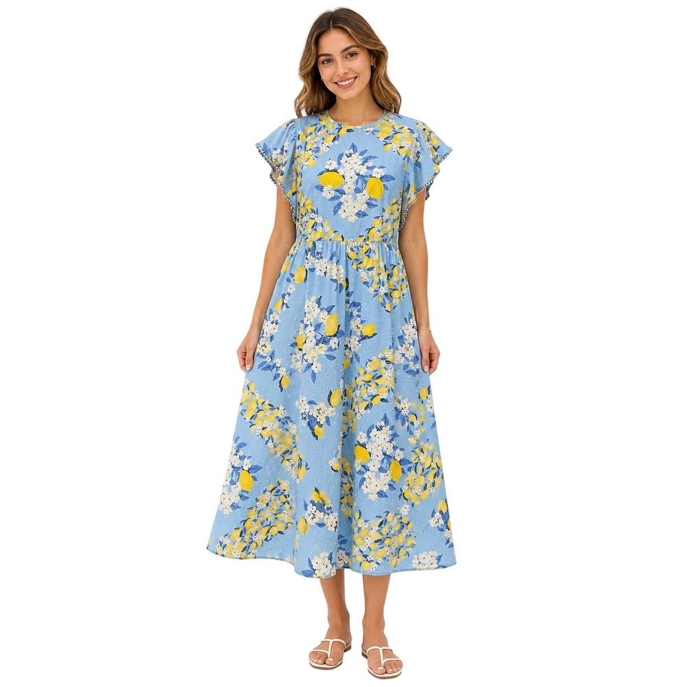 Ann Taylor Lemon Floral Printed Flutter Sleeve Cotton Summer Midi Dress Sz Small